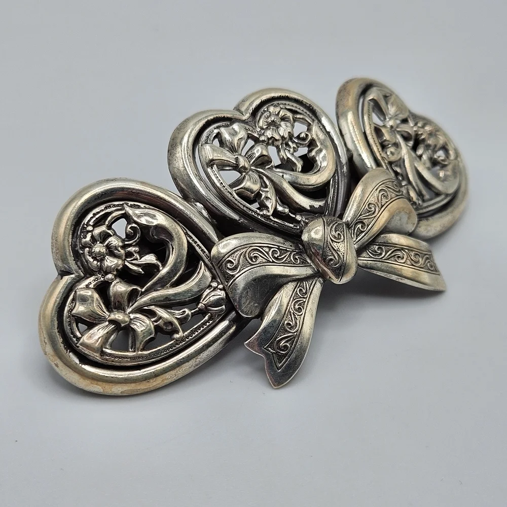 VINTAGE Art Deco Silver Plated Hearts French Hair Barrette Made in France